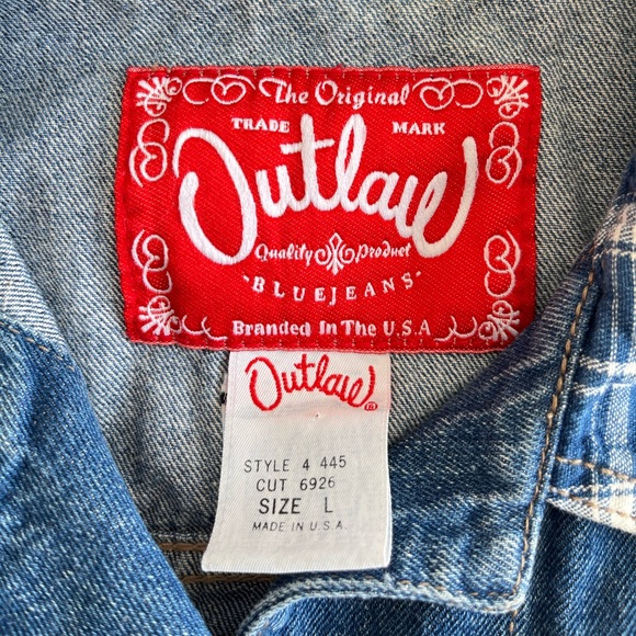 Vintage Outlaw Cropped Denim Vest w/ Plaid Trim, L 90s Grunge Western Aesthetic - Picture 6 of 14